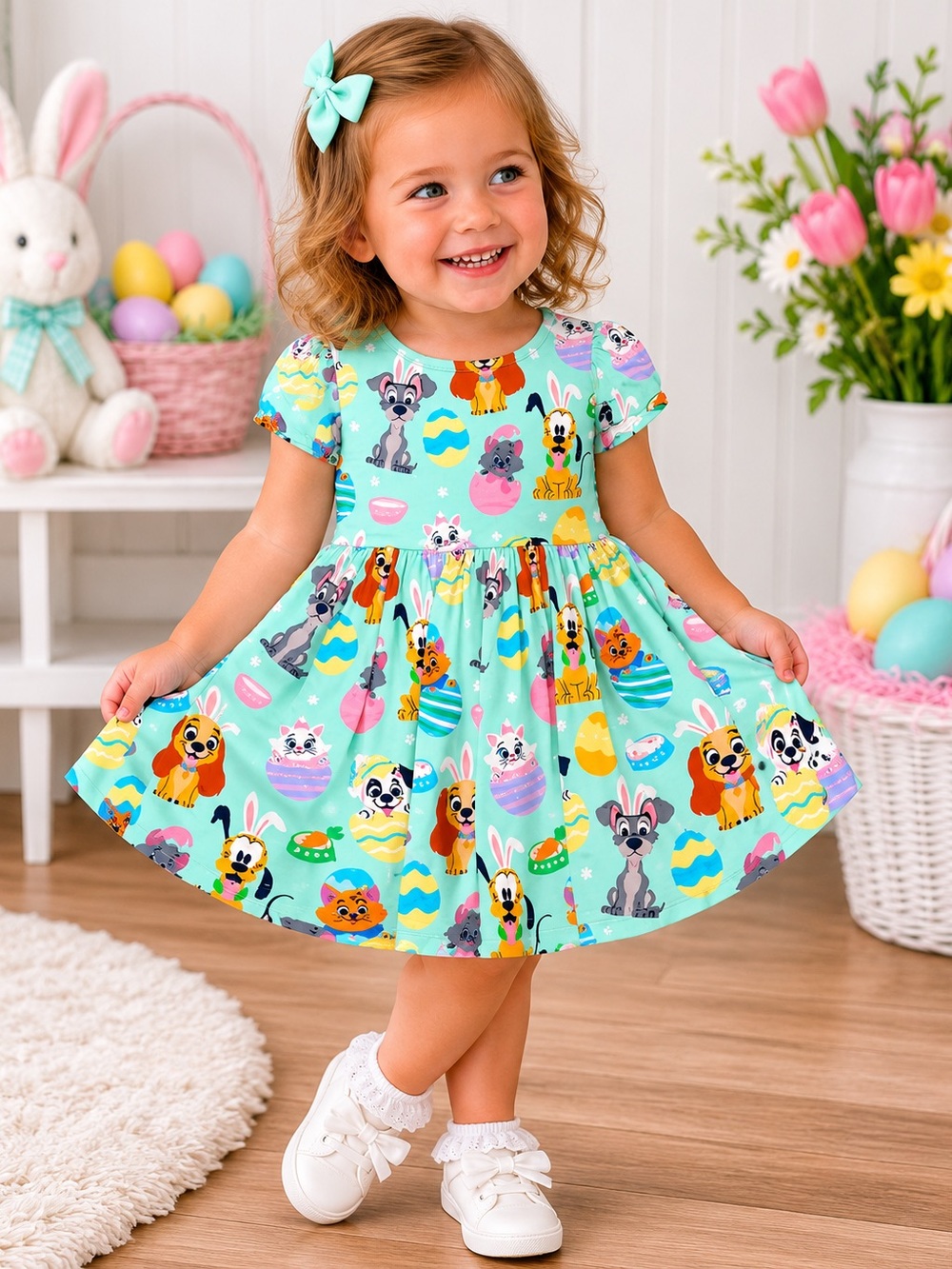 Girls' Mint Easter Bunny & Disney Puppy Print bamboo Dress